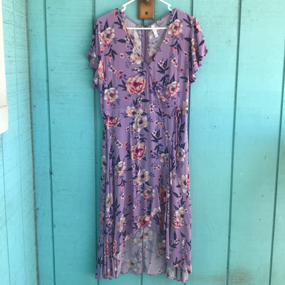 Purple Floral Midi Faux Wrap Dress